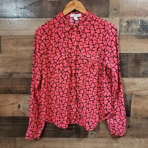 Forever 21 all over heart print long sleeve button up shirt woman's size medium